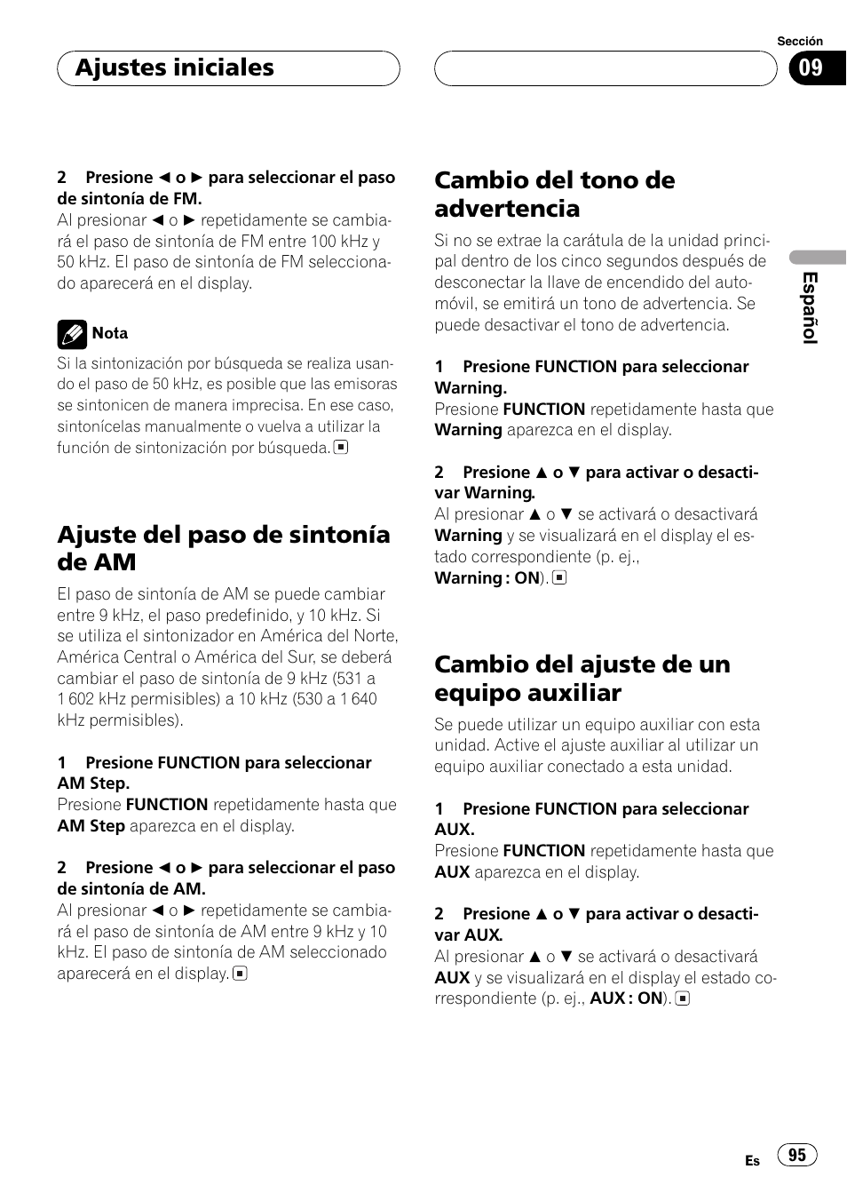 Ajuste del paso de sintonía de am 95, Cambio del tono de advertencia 95, Cambio del ajuste de un equipo auxiliar 95 | Ajuste del paso de sintonía de am, Cambio del tono de advertencia, Cambio del ajuste de un equipo auxiliar, Ajustes iniciales | Pioneer SUPER TUNER DEH-P5850MP User Manual | Page 95 / 166