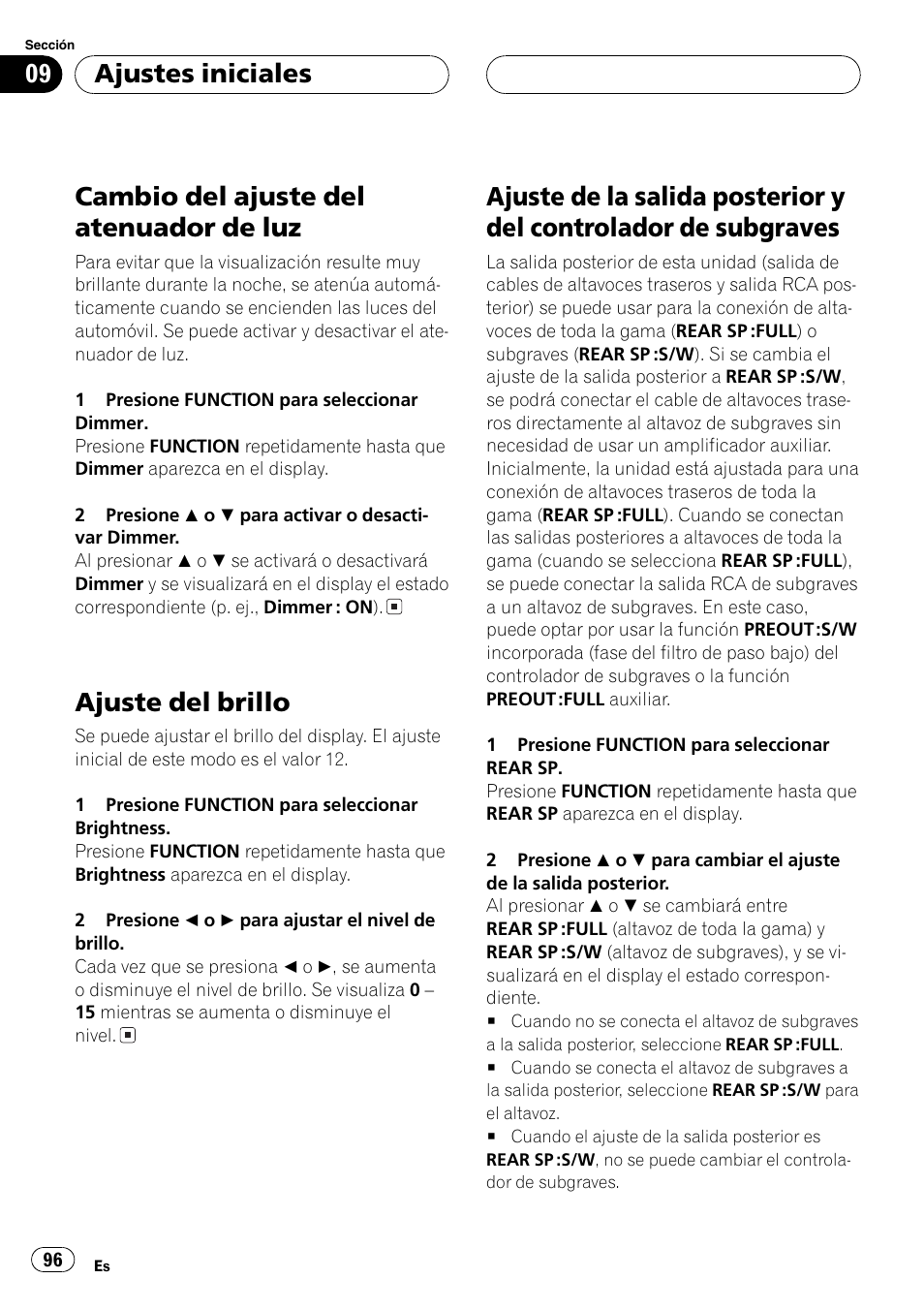 Cambio del ajuste del atenuador de luz 96, Ajuste del brillo 96, Ajuste de la salida posterior y del controlador | De subgraves 96, Cambio del ajuste del atenuador de luz, Ajuste del brillo, Ajustes iniciales | Pioneer SUPER TUNER DEH-P5850MP User Manual | Page 96 / 166