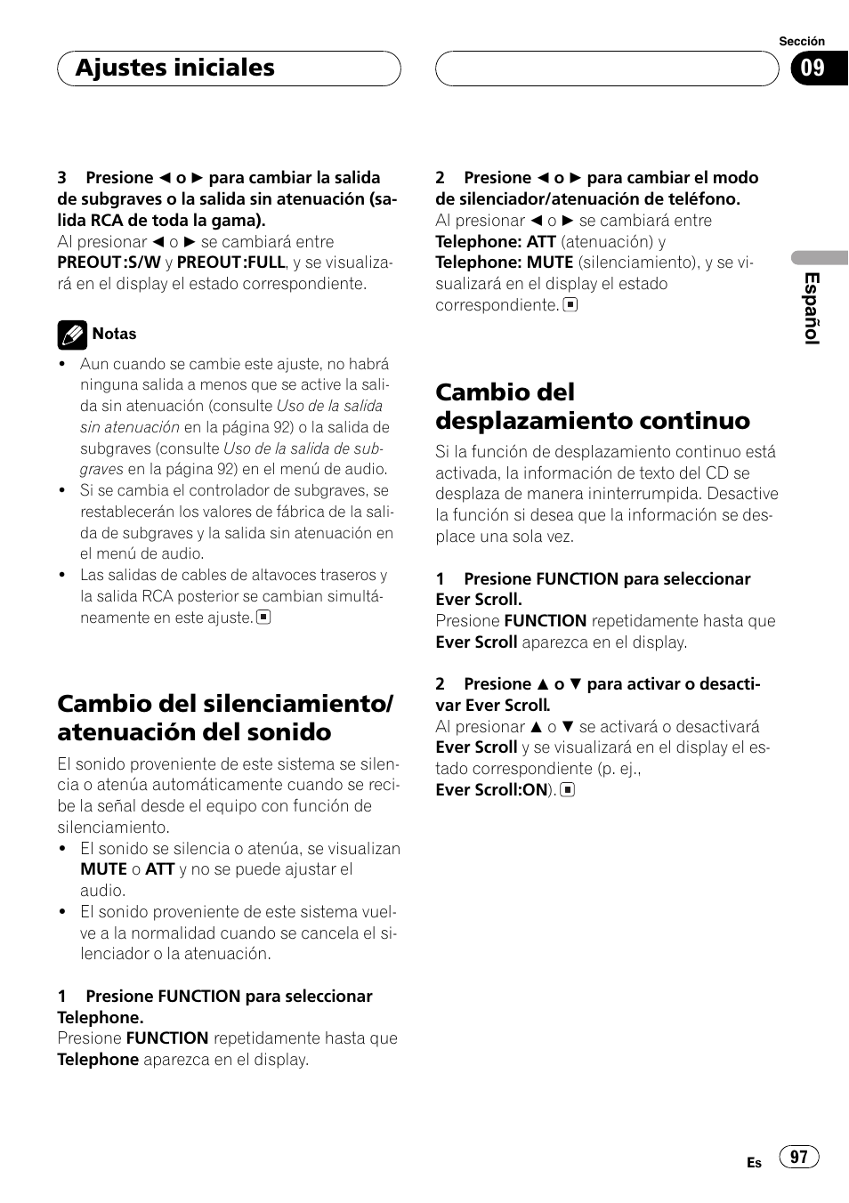 Cambio del silenciamiento/atenuación del, Sonido 97, Cambio del desplazamiento continuo 97 | Cambio del silenciamiento/ atenuación del sonido, Cambio del desplazamiento continuo, Ajustes iniciales | Pioneer SUPER TUNER DEH-P5850MP User Manual | Page 97 / 166