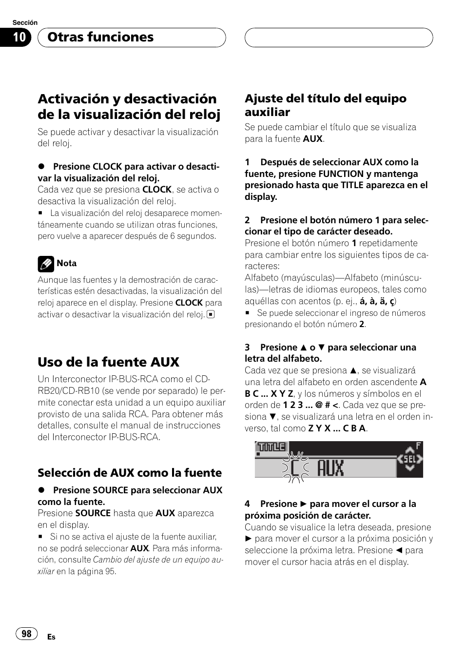 Otras funciones, Activación y desactivación de la visualización, Del reloj 98 | Uso de la fuente aux 98, Selección de aux como la fuente 98, Ajuste del título del equipo, Auxiliar 98, Uso de la fuente aux | Pioneer SUPER TUNER DEH-P5850MP User Manual | Page 98 / 166