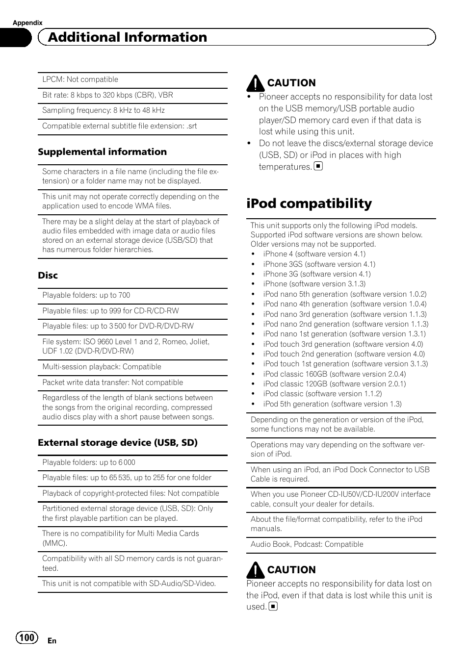 Ipod compatibility, Additional information, Caution | Pioneer AVH P4300DVD User Manual | Page 100 / 108