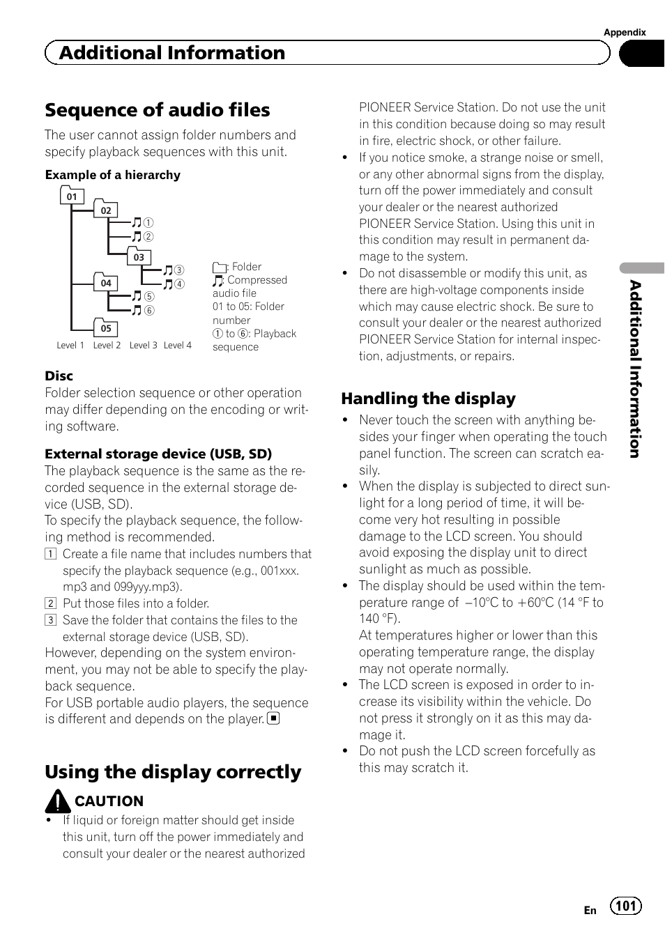 Sequence of audio files, Using the display correctly, Additional information | Handling the display | Pioneer AVH P4300DVD User Manual | Page 101 / 108