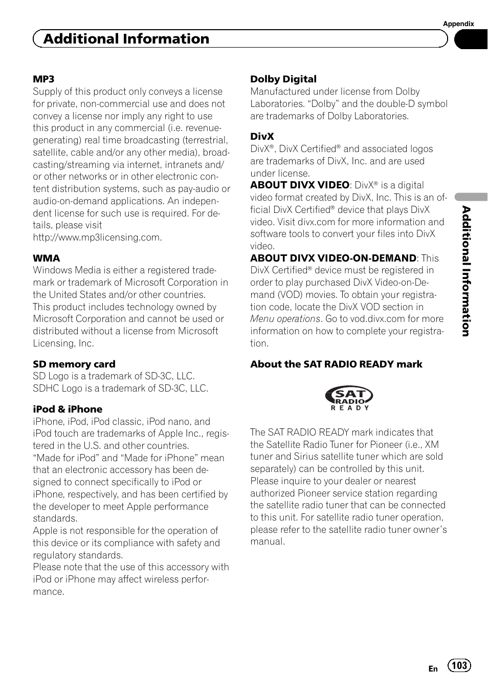 Additional information | Pioneer AVH P4300DVD User Manual | Page 103 / 108