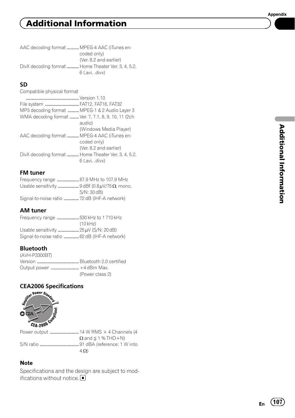 Additional information | Pioneer AVH P4300DVD User Manual | Page 107 / 108