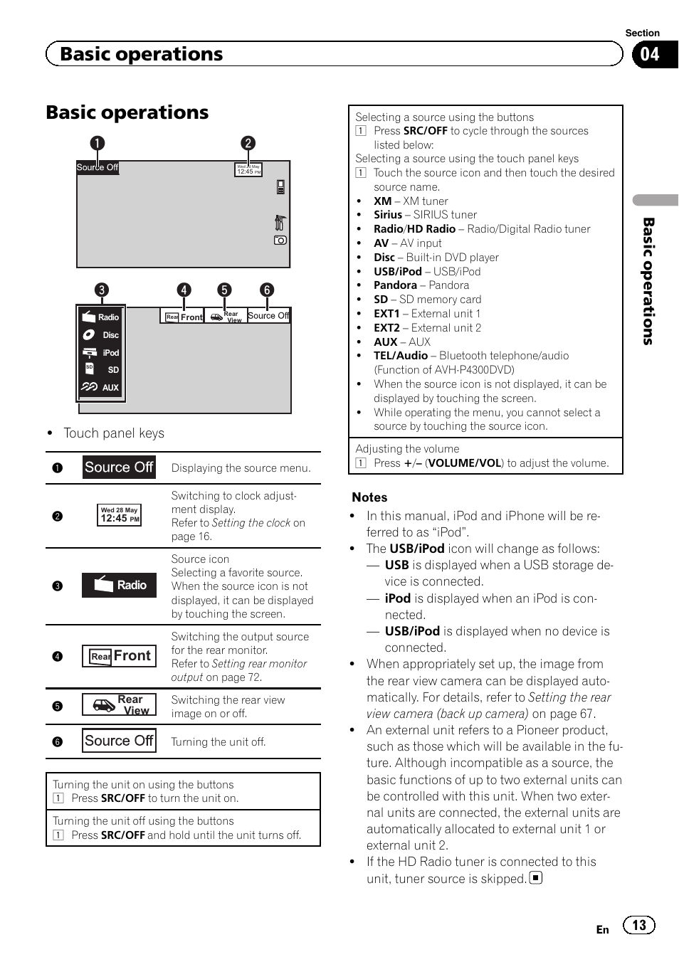 Basic operations basic operations, Basic operations, Front | Pioneer AVH P4300DVD User Manual | Page 13 / 108