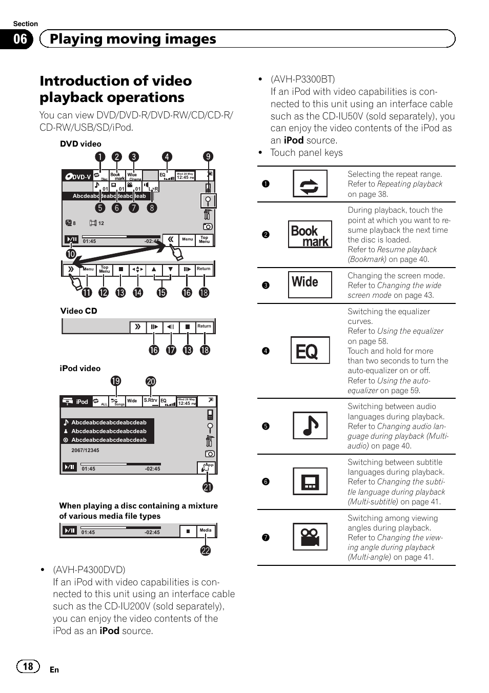 Operations, Introduction of video playback operations, 06 playing moving images | Pioneer AVH P4300DVD User Manual | Page 18 / 108