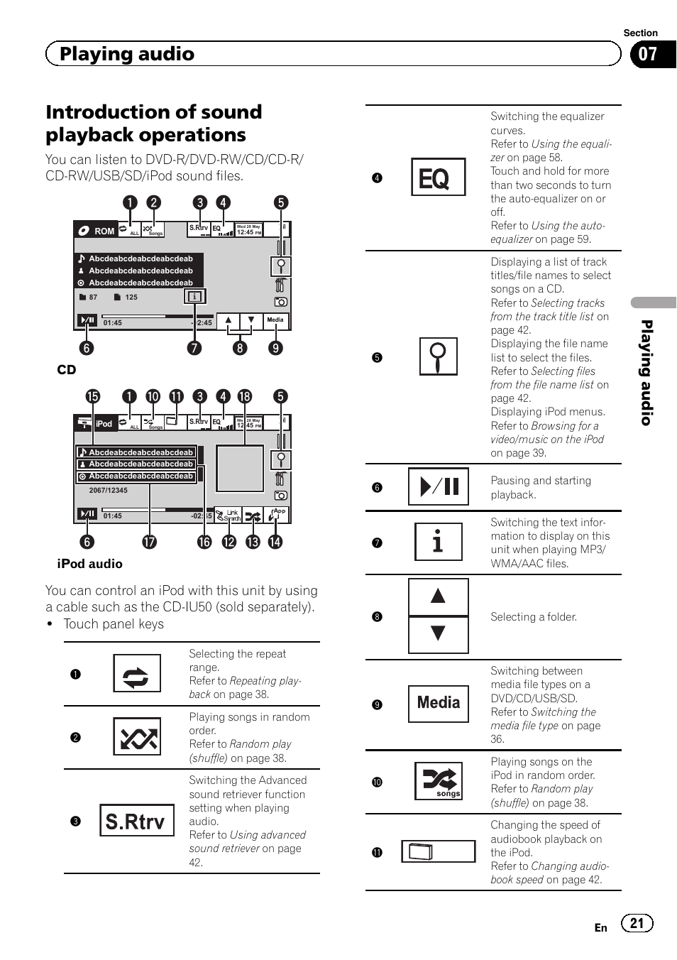 Playing audio introduction of sound playback, Operations, Introduction of sound playback operations | Playing audio | Pioneer AVH P4300DVD User Manual | Page 21 / 108