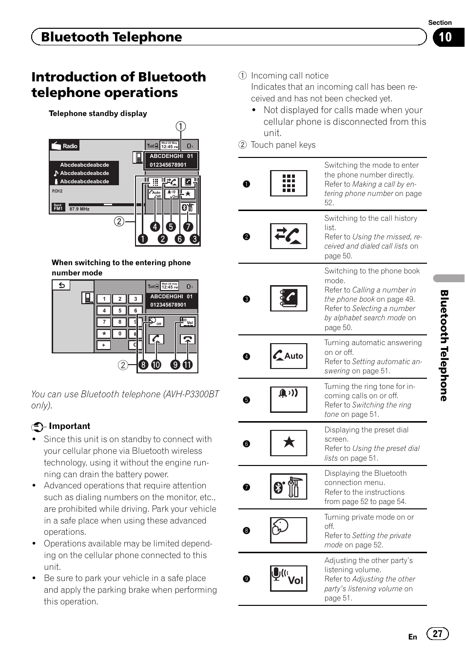 Operations, Introduction of bluetooth telephone operations, 8b a 9 2 | Bluetooth telephone, You can use bluetooth telephone (avh-p3300bt only) | Pioneer AVH P4300DVD User Manual | Page 27 / 108