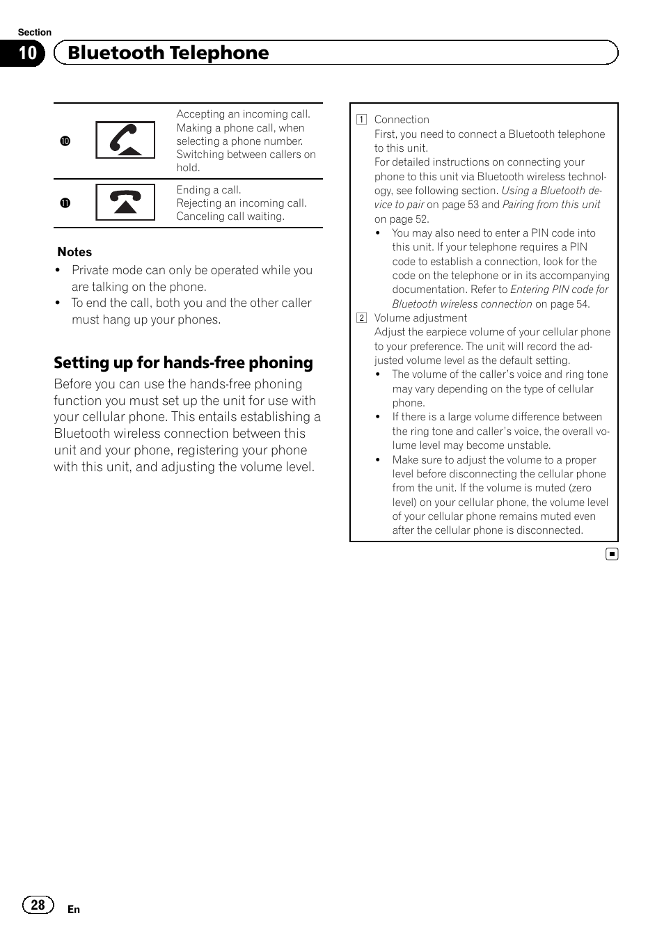 10 bluetooth telephone, Setting up for hands-free phoning | Pioneer AVH P4300DVD User Manual | Page 28 / 108