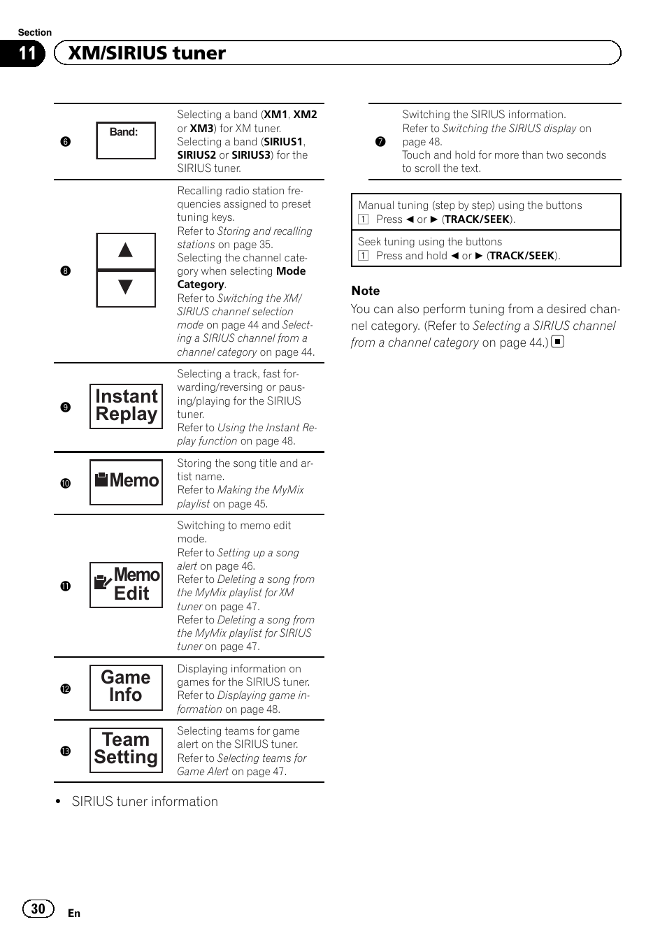 Instant replay, Game info, Team setting | 11 xm/sirius tuner | Pioneer AVH P4300DVD User Manual | Page 30 / 108