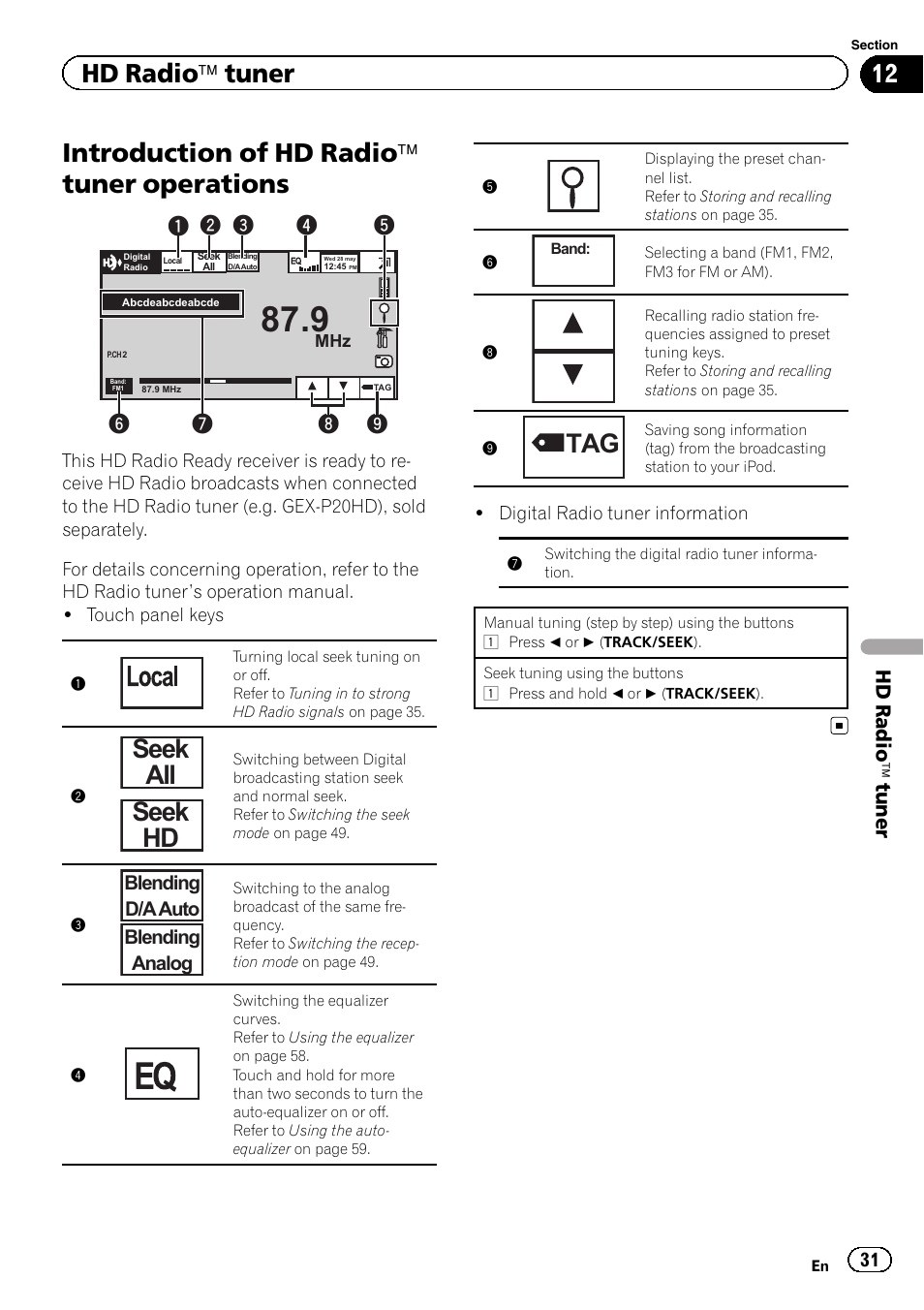 Hd radio, Ä tuner, Introduction of hd radio | Operations, Introduction of hd radio ä tuner operations, Seek all seek hd, Hd radio ä tuner | Pioneer AVH P4300DVD User Manual | Page 31 / 108