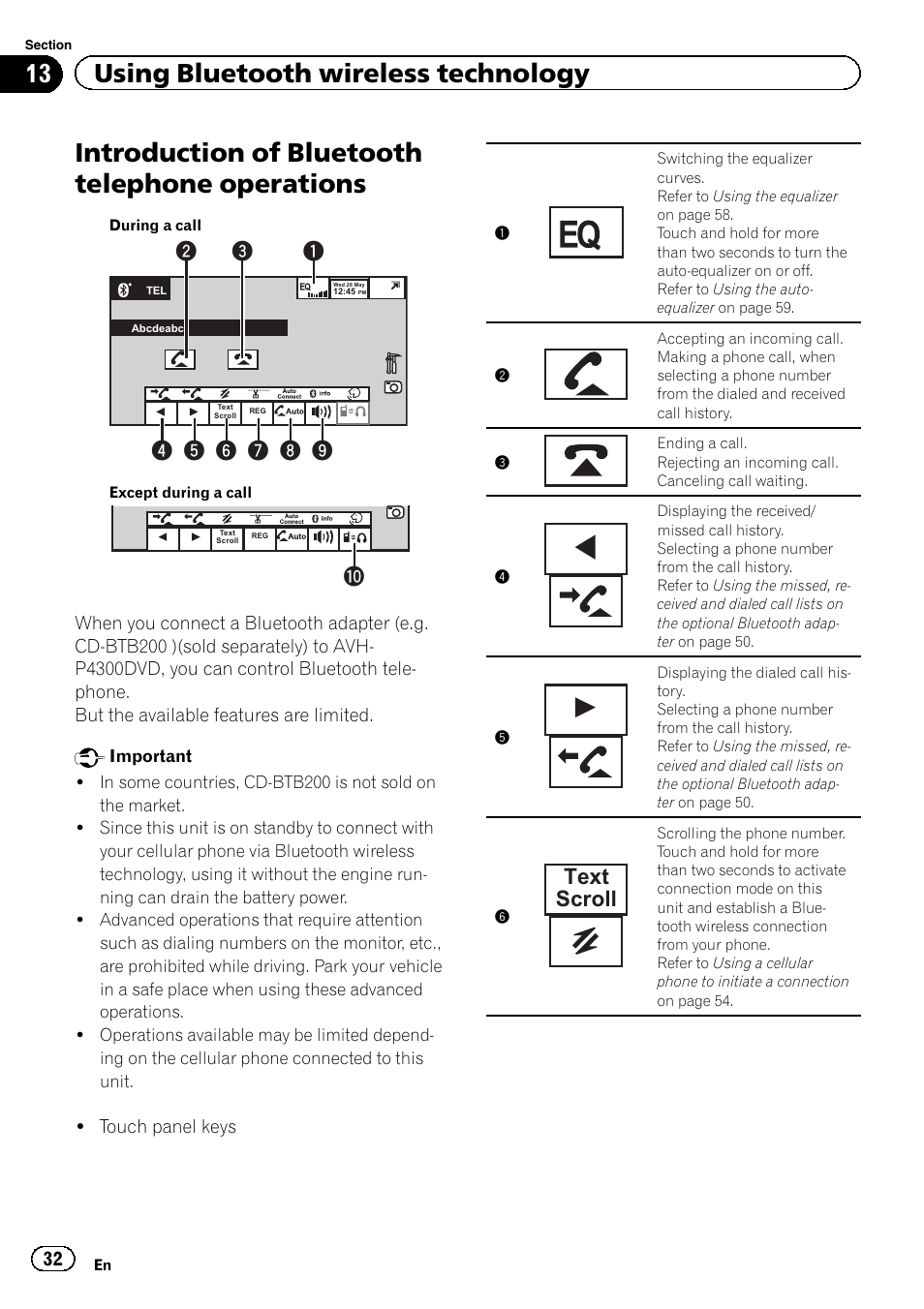 Operations, Introduction of bluetooth telephone operations, 13 using bluetooth wireless technology | Text scroll | Pioneer AVH P4300DVD User Manual | Page 32 / 108