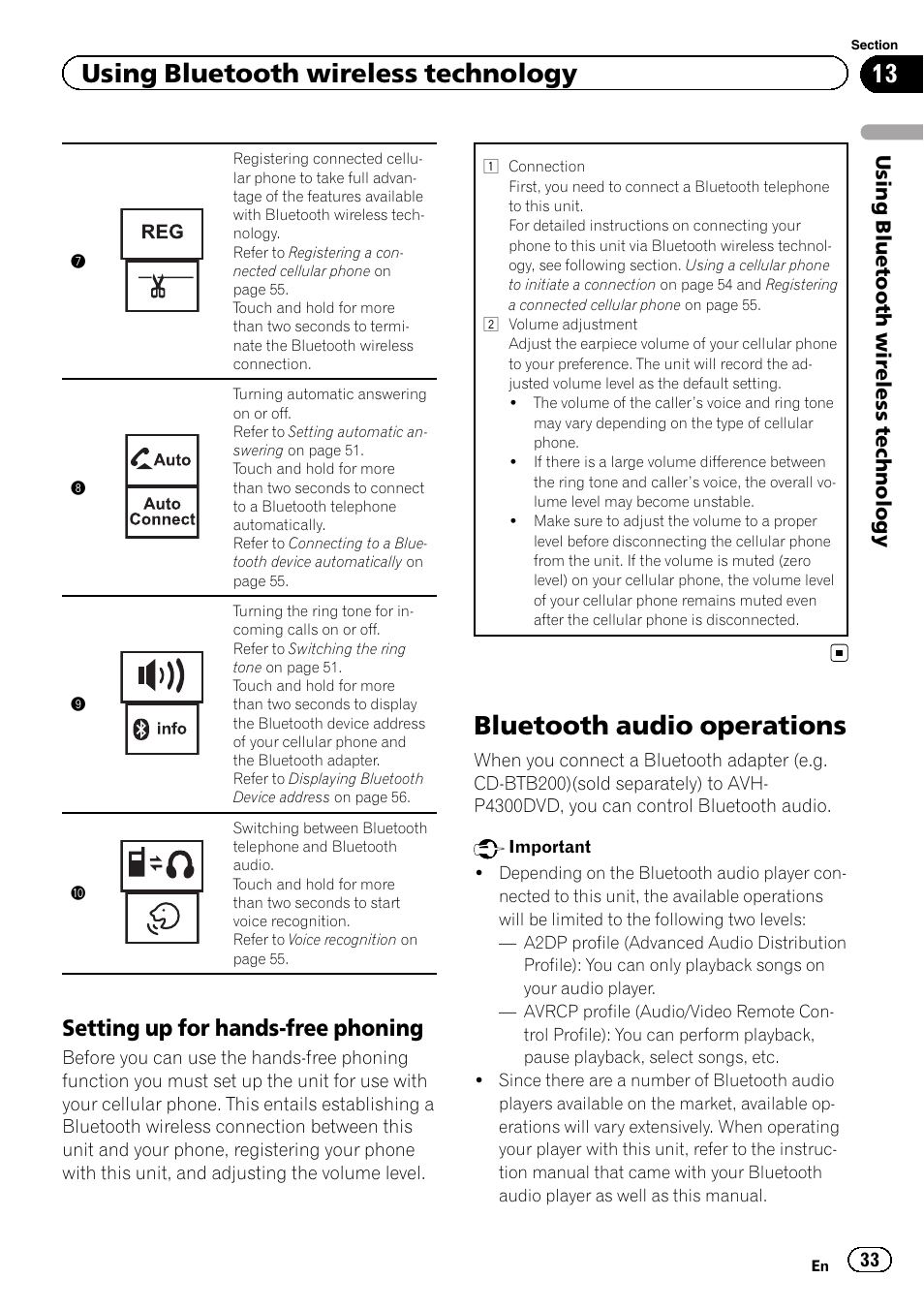 Bluetooth audio operations, Using bluetooth wireless technology, Setting up for hands-free phoning | Pioneer AVH P4300DVD User Manual | Page 33 / 108