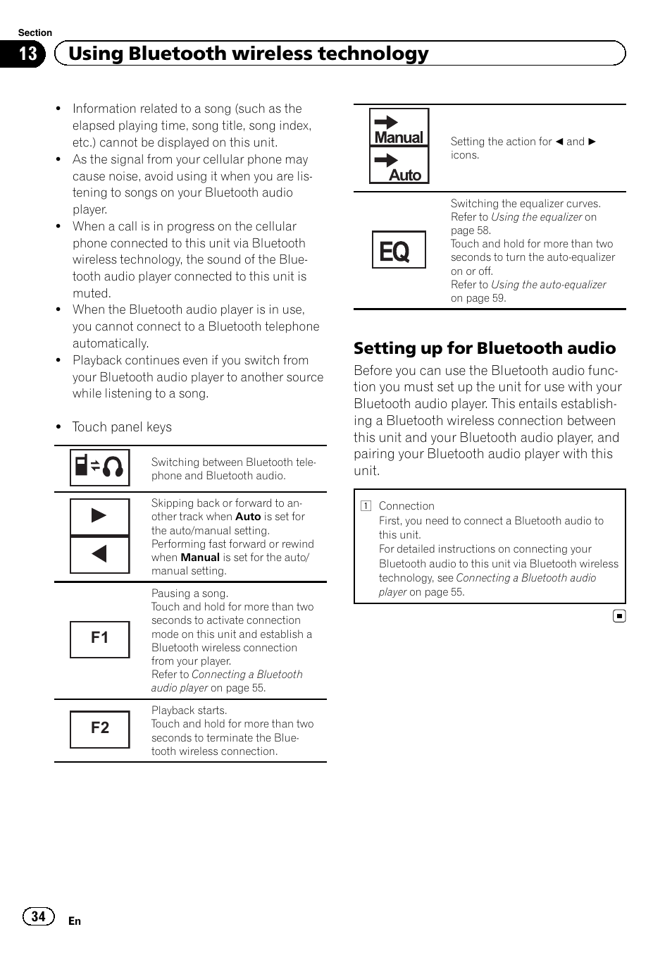 13 using bluetooth wireless technology, Setting up for bluetooth audio, Auto | Pioneer AVH P4300DVD User Manual | Page 34 / 108