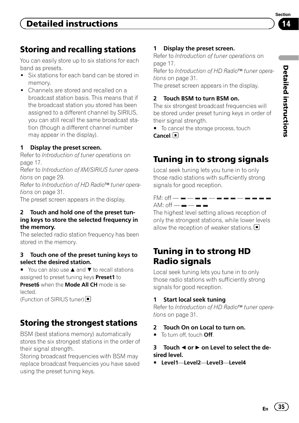 Storing the strongest stations, Tuning in to strong signals, Tuning in to strong hd radio signals | Storing and recalling stations, Detailed instructions | Pioneer AVH P4300DVD User Manual | Page 35 / 108