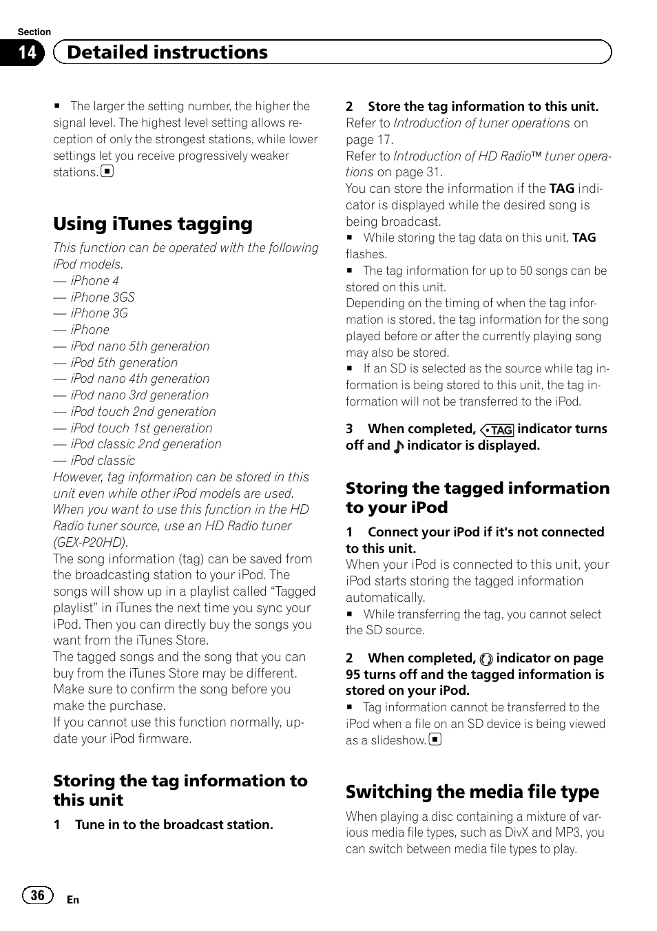 Using itunes tagging, Switching the media file type, 14 detailed instructions | Storing the tag information to this unit, Storing the tagged information to your ipod | Pioneer AVH P4300DVD User Manual | Page 36 / 108