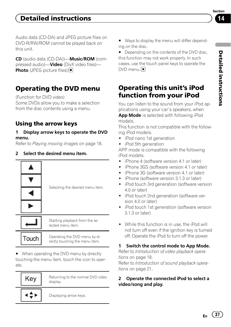 Operating the dvd menu, Operating this unit, S ipod function from your | Ipod, S ipod function from, Detailed instructions, Using the arrow keys | Pioneer AVH P4300DVD User Manual | Page 37 / 108