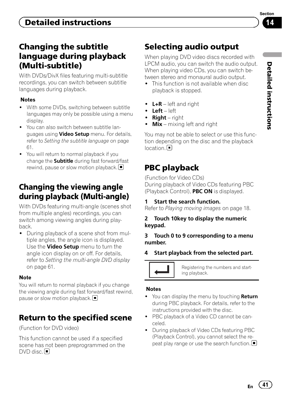 Changing the subtitle language during, Playback (multi-subtitle), Changing the viewing angle during playback | Multi-angle), Return to the specified scene, Selecting audio output, Pbc playback, Detailed instructions | Pioneer AVH P4300DVD User Manual | Page 41 / 108