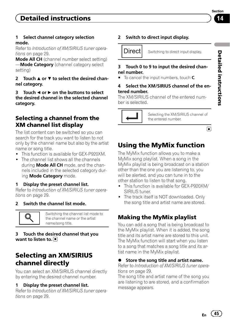 Selecting an xm/sirius channel directly, Using the mymix function, Detailed instructions | Making the mymix playlist | Pioneer AVH P4300DVD User Manual | Page 45 / 108