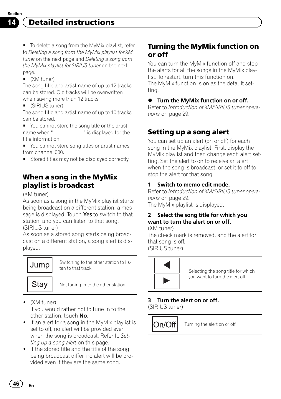 14 detailed instructions, When a song in the mymix playlist is broadcast, Turning the mymix function on or off | Setting up a song alert | Pioneer AVH P4300DVD User Manual | Page 46 / 108