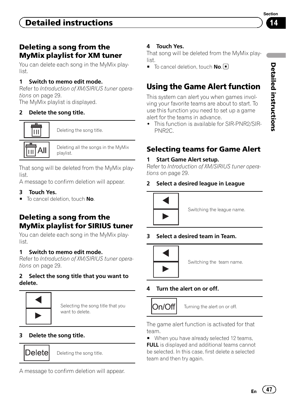 Using the game alert function, Detailed instructions, Selecting teams for game alert | Pioneer AVH P4300DVD User Manual | Page 47 / 108