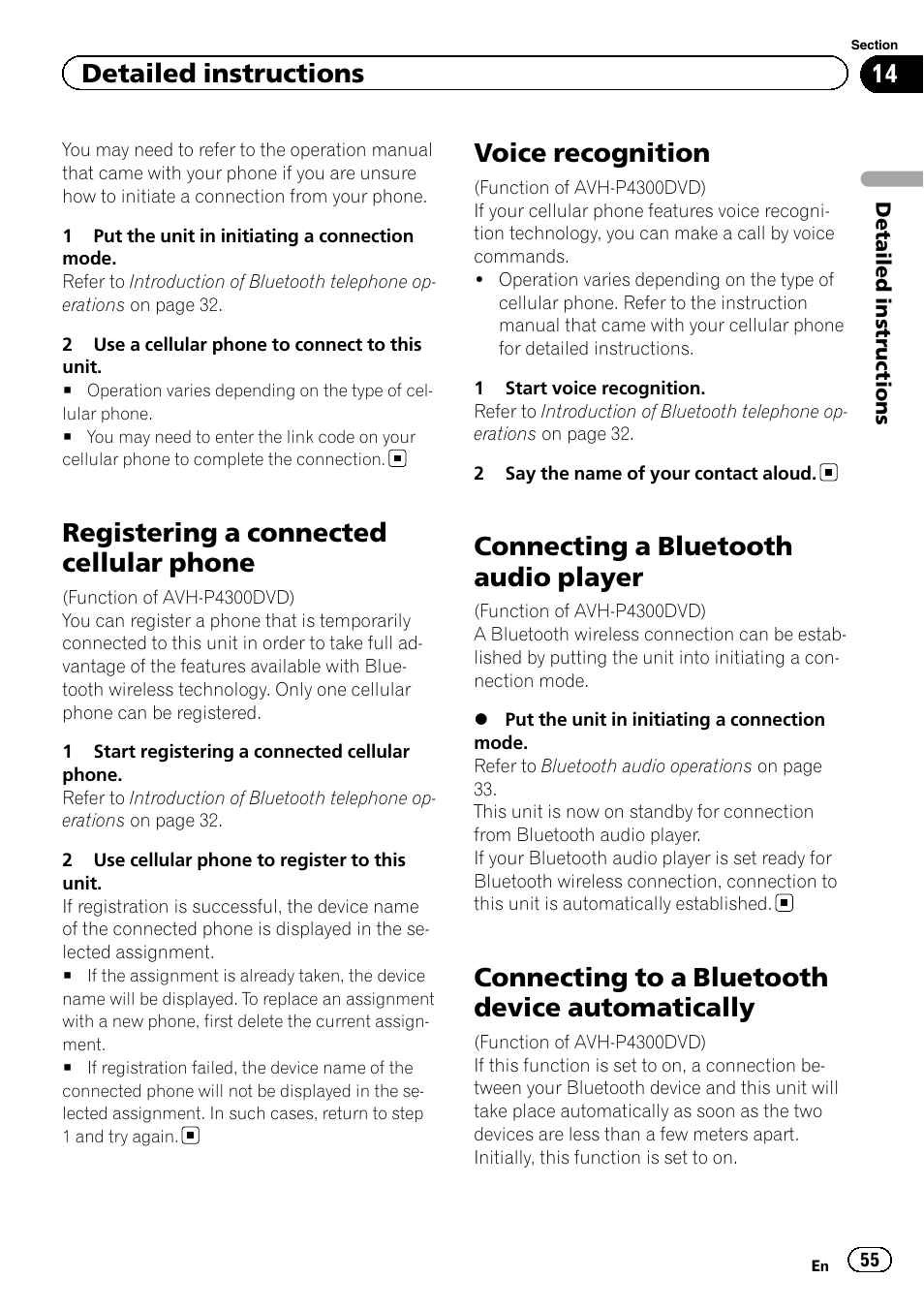 Registering a connected cellular phone, Voice recognition, Connecting a bluetooth audio player | Connecting to a bluetooth device, Automatically, Connecting to a bluetooth device automatically, Detailed instructions | Pioneer AVH P4300DVD User Manual | Page 55 / 108
