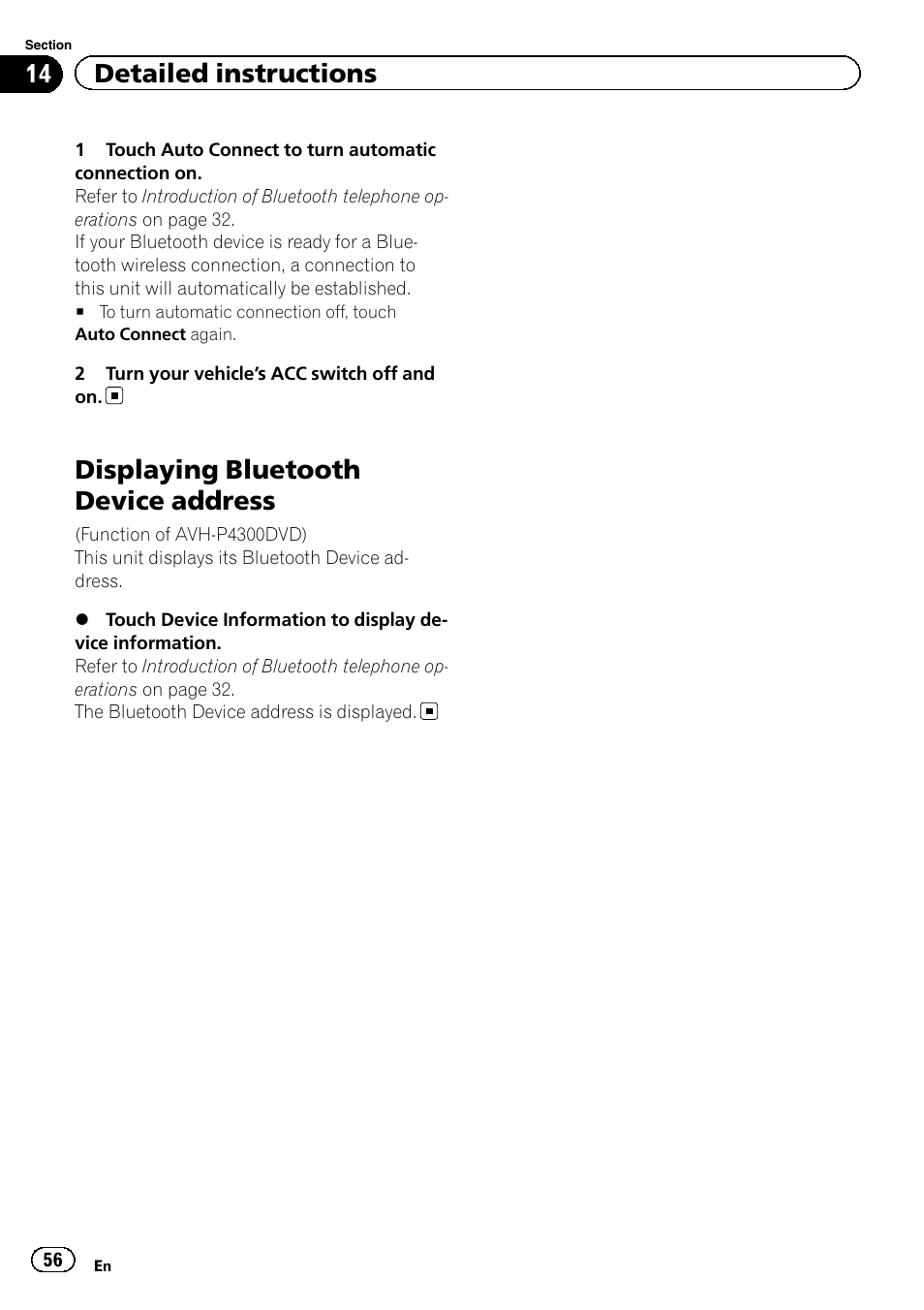 Displaying bluetooth device address, 14 detailed instructions | Pioneer AVH P4300DVD User Manual | Page 56 / 108