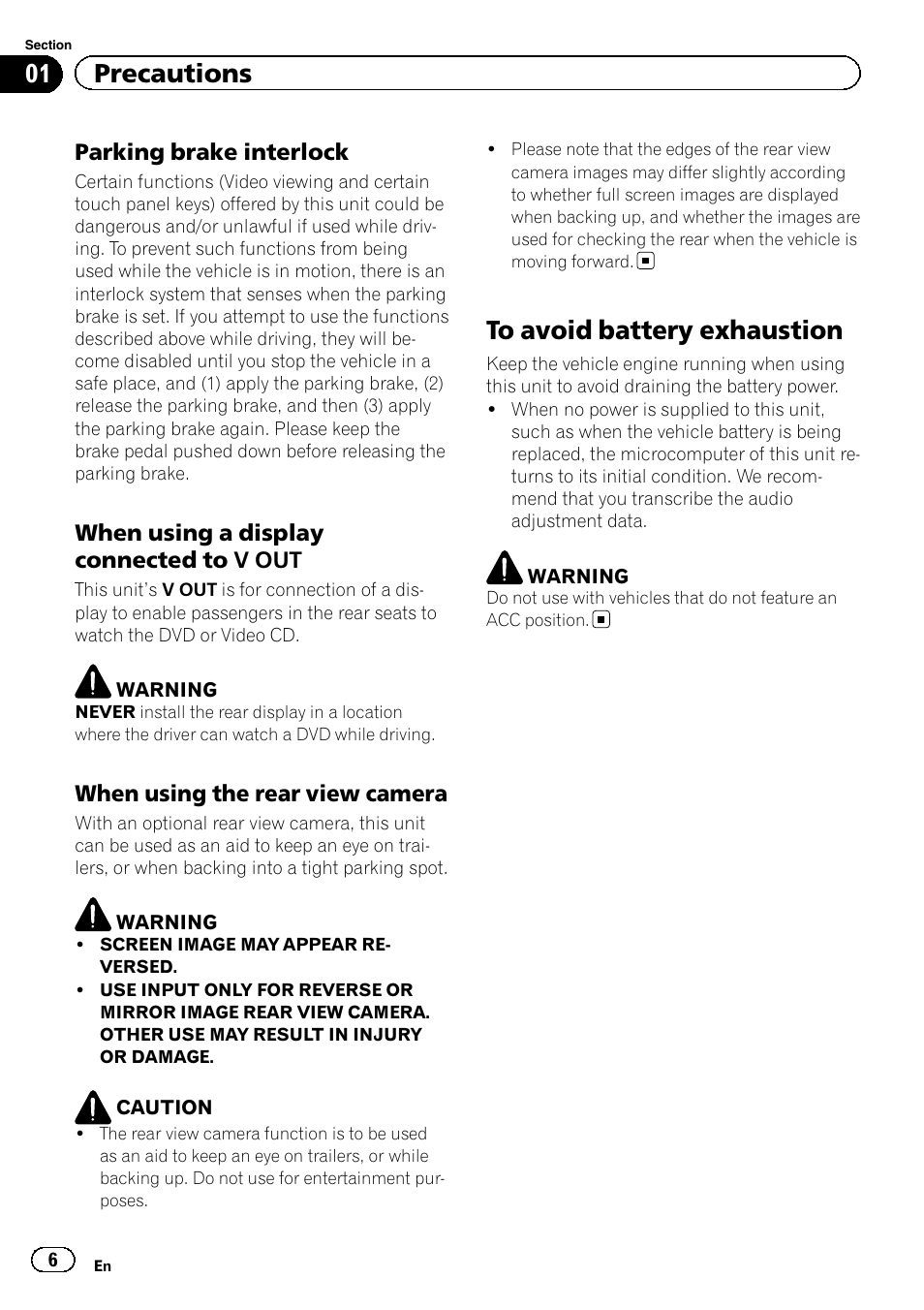 To avoid battery exhaustion, 01 precautions | Pioneer AVH P4300DVD User Manual | Page 6 / 108