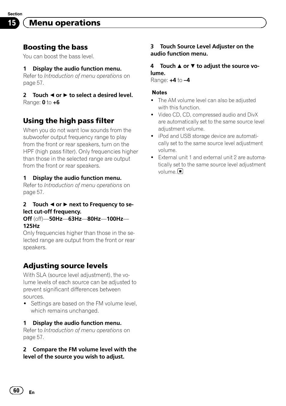 15 menu operations, Boosting the bass, Using the high pass filter | Adjusting source levels | Pioneer AVH P4300DVD User Manual | Page 60 / 108