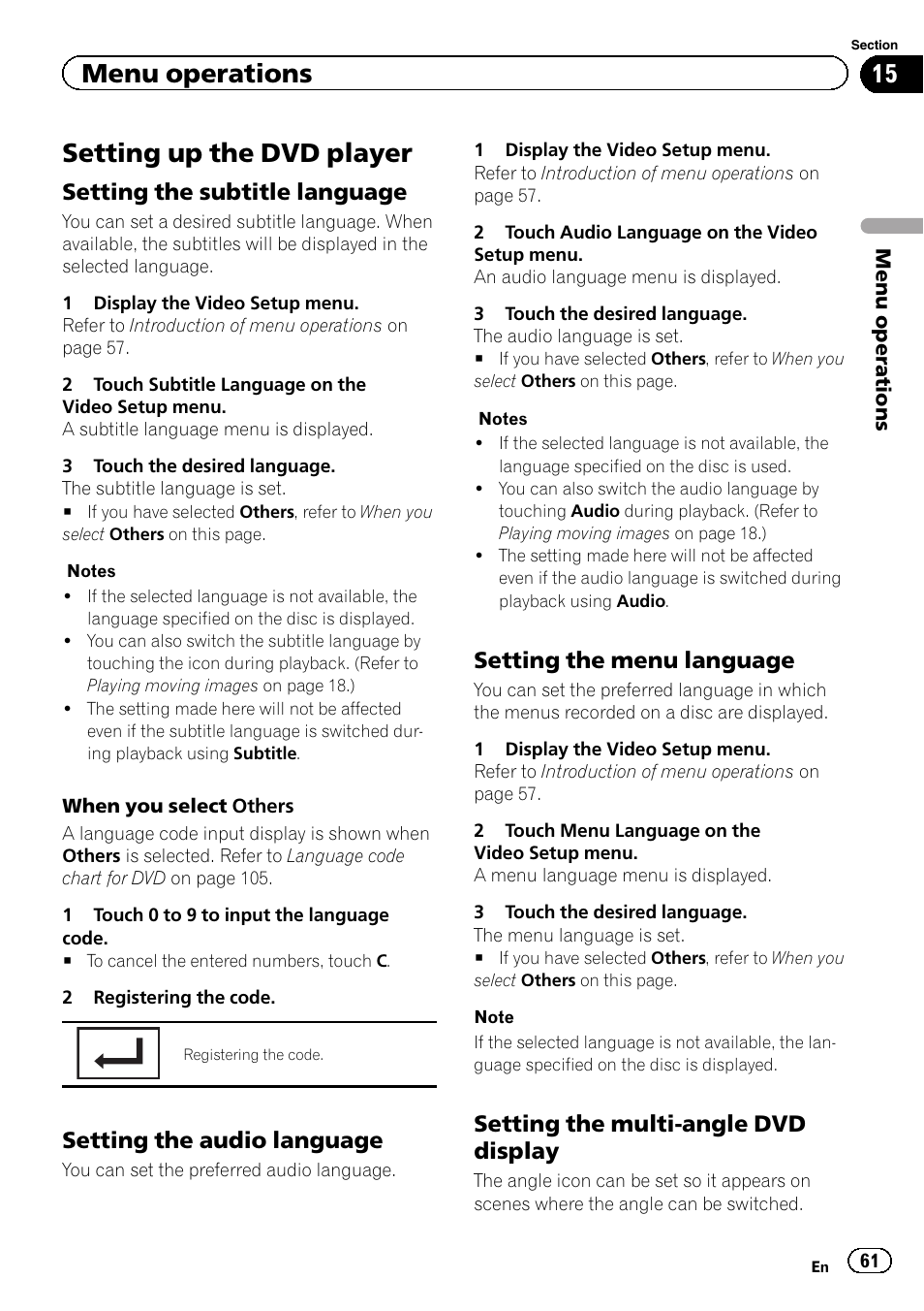 Setting up the dvd player, Menu operations, Setting the subtitle language | Setting the audio language, Setting the menu language, Setting the multi-angle dvd display | Pioneer AVH P4300DVD User Manual | Page 61 / 108