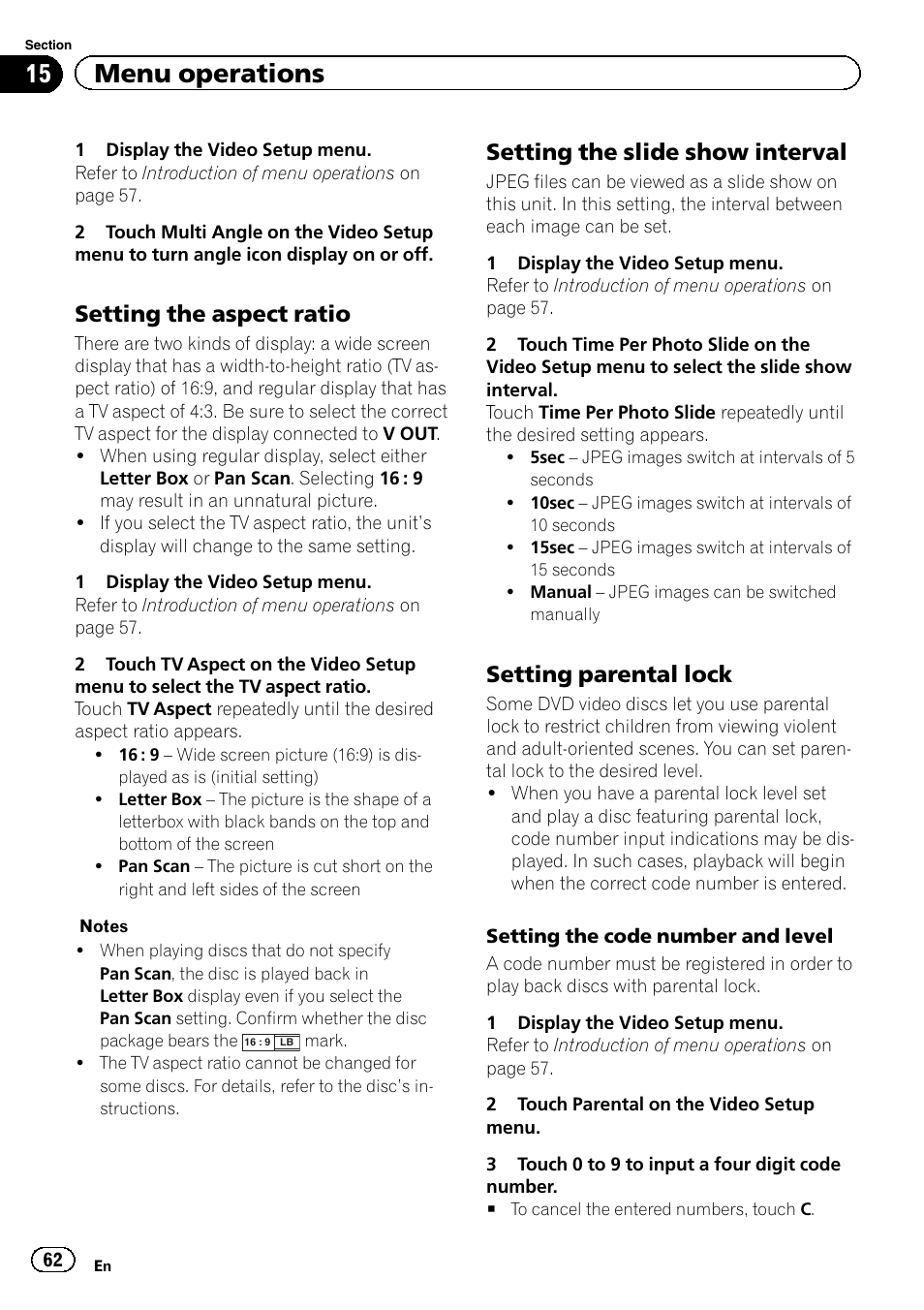 15 menu operations, Setting the aspect ratio, Setting the slide show interval | Setting parental lock | Pioneer AVH P4300DVD User Manual | Page 62 / 108