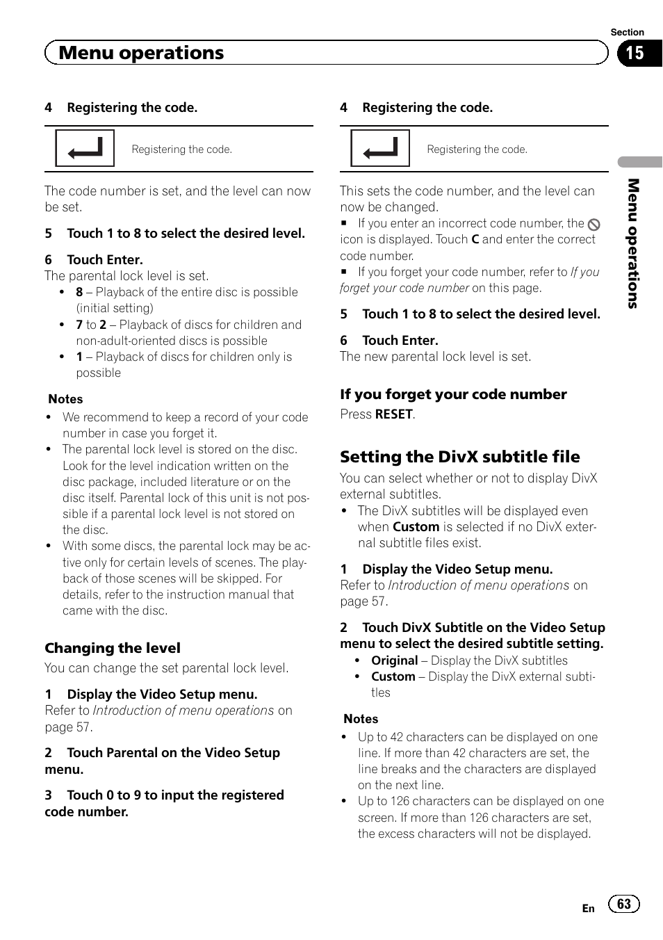 Menu operations, Setting the divx subtitle file | Pioneer AVH P4300DVD User Manual | Page 63 / 108