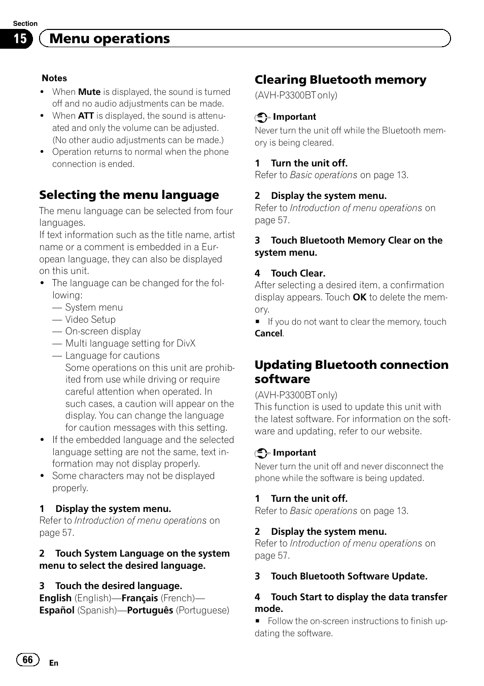 15 menu operations, Selecting the menu language, Updating bluetooth connection software | Pioneer AVH P4300DVD User Manual | Page 66 / 108