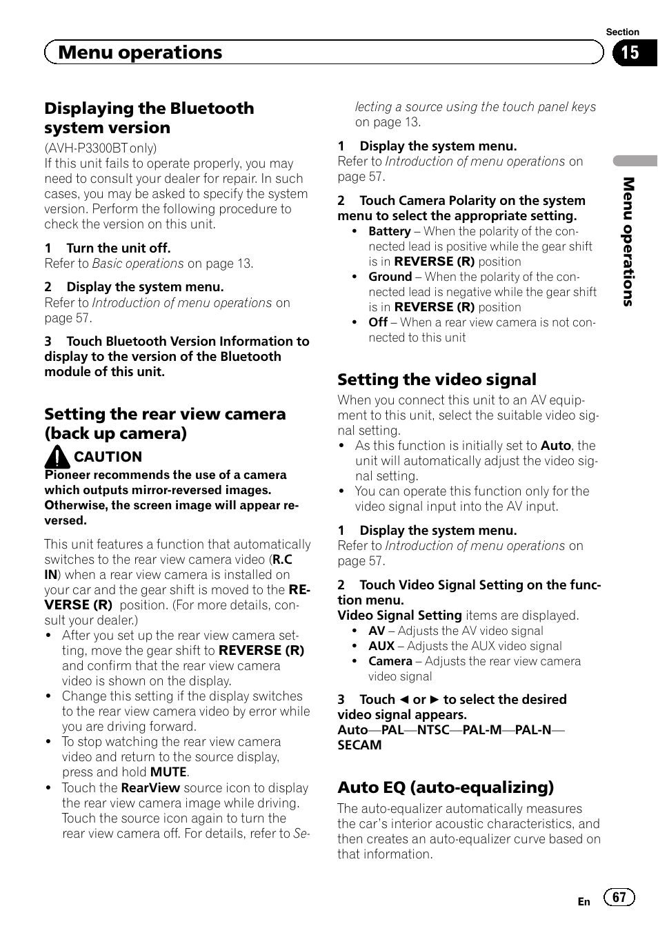 Menu operations, Displaying the bluetooth system version, Setting the rear view camera (back up camera) | Setting the video signal, Auto eq (auto-equalizing) | Pioneer AVH P4300DVD User Manual | Page 67 / 108