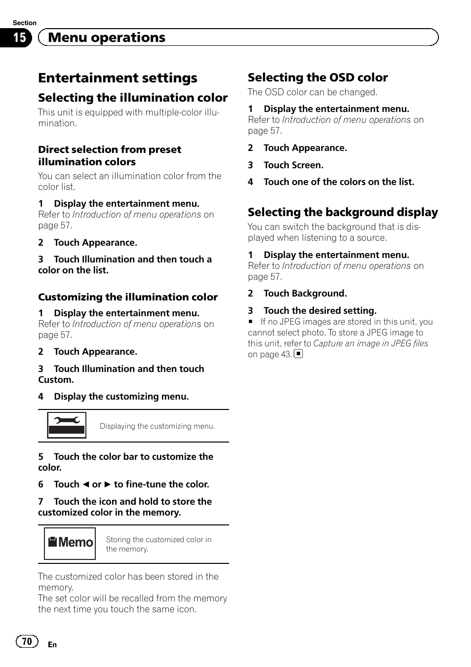 Entertainment settings, Select, 15 menu operations | Selecting the illumination color, Selecting the osd color, Selecting the background display | Pioneer AVH P4300DVD User Manual | Page 70 / 108