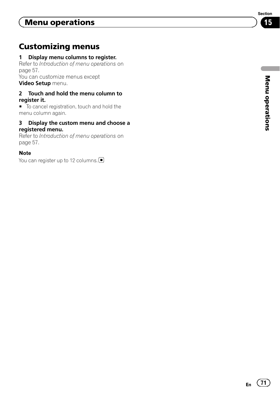 Customizing menus, Menu operations | Pioneer AVH P4300DVD User Manual | Page 71 / 108
