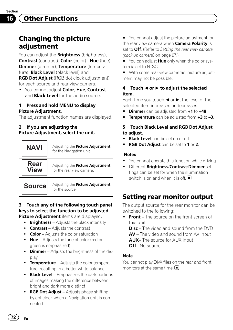 Other functions changing the picture adjustment, Setting rear monitor output, Changing the picture adjustment | Navi, Rear view, Source, 16 other functions | Pioneer AVH P4300DVD User Manual | Page 72 / 108