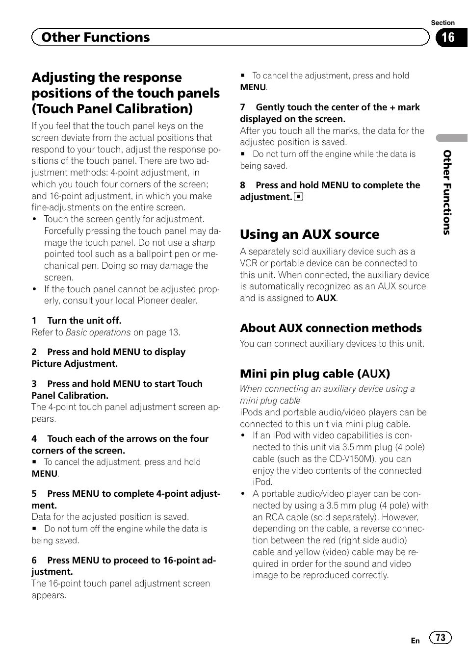 Adjusting the response positions of the, Touch panels (touch panel calibration), Using an aux source | Other functions | Pioneer AVH P4300DVD User Manual | Page 73 / 108