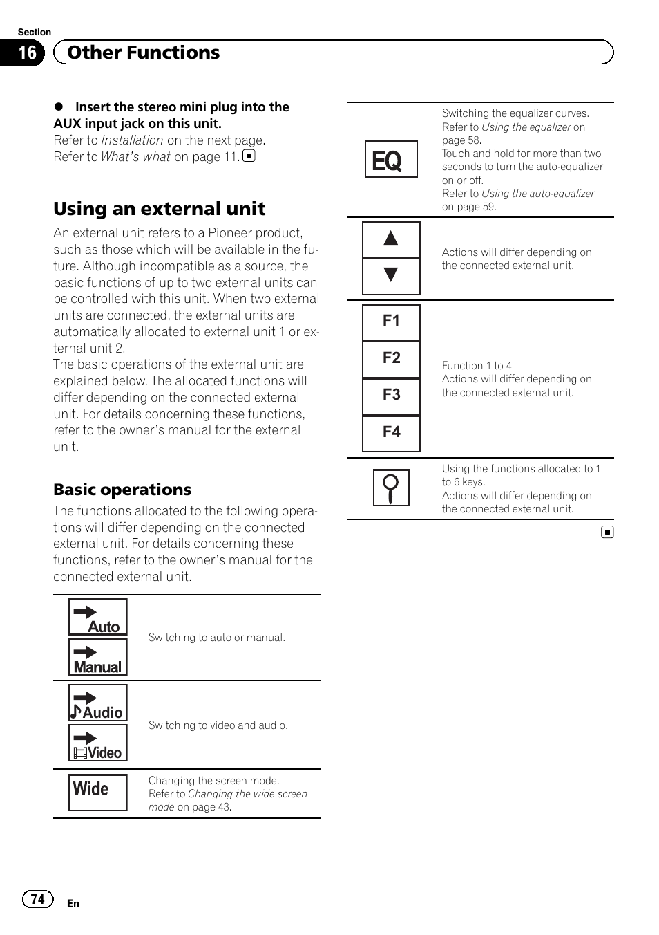 Using an external unit, 16 other functions, Basic operations | Pioneer AVH P4300DVD User Manual | Page 74 / 108