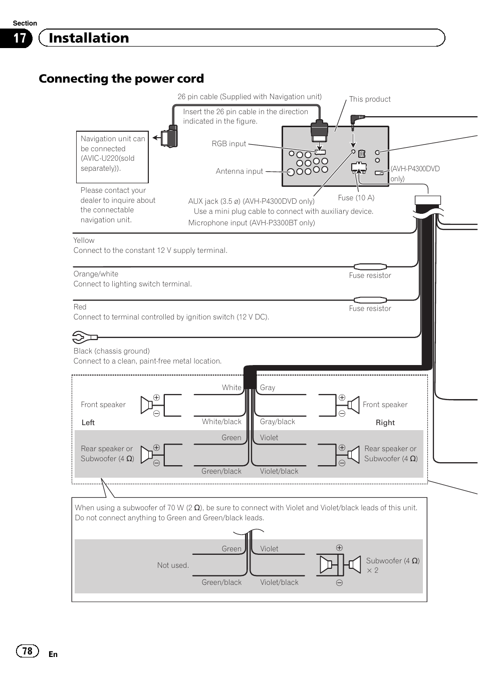 17 installation, Connecting the power cord | Pioneer AVH P4300DVD User Manual | Page 78 / 108