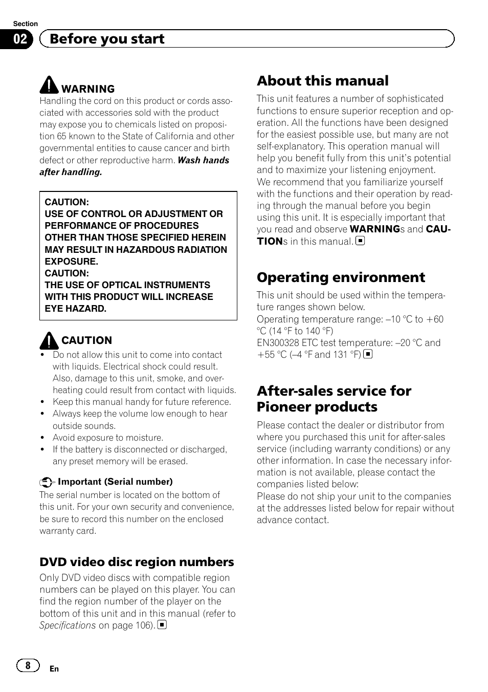 Dvd video disc region numbers 8, About this manual, Operating environment | After-sales service for pioneer products, 02 before you start | Pioneer AVH P4300DVD User Manual | Page 8 / 108