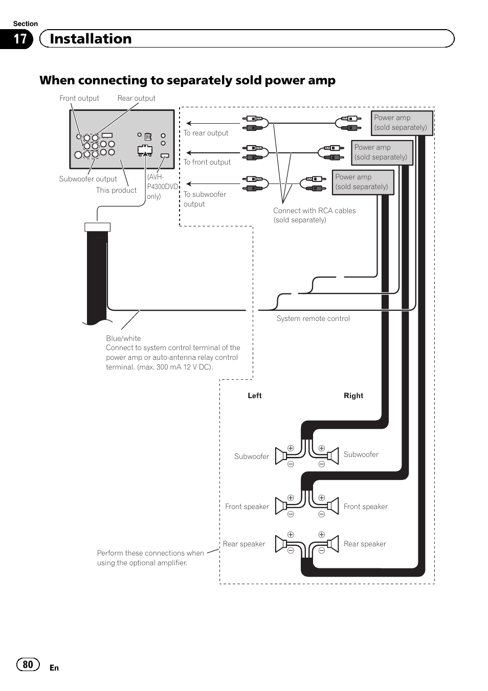 17 installation, When connecting to separately sold power amp | Pioneer AVH P4300DVD User Manual | Page 80 / 108