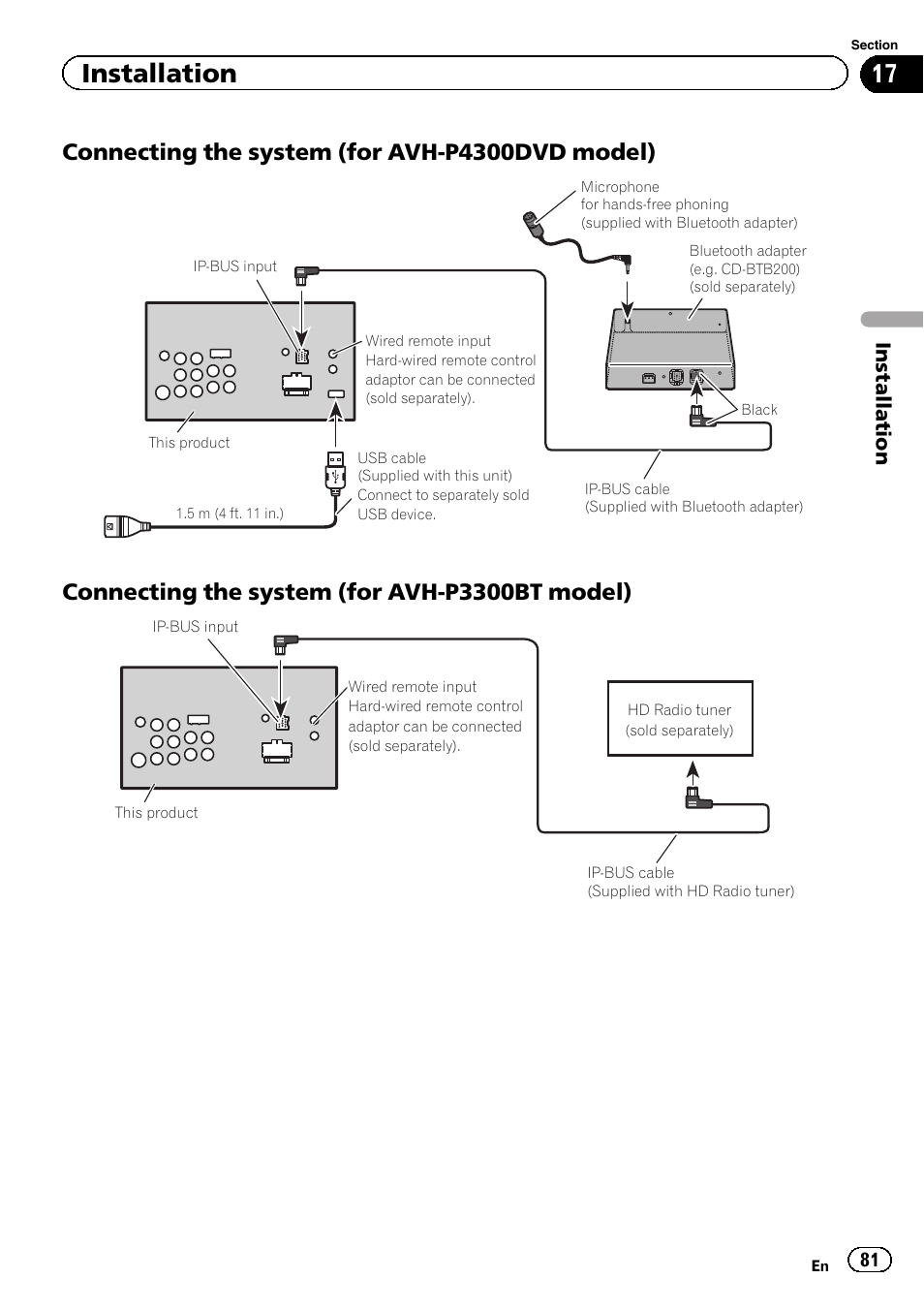 Connecting the system (for avh-p4300dvd model), Connecting the system (for avh-p3300bt model), Installation | Pioneer AVH P4300DVD User Manual | Page 81 / 108