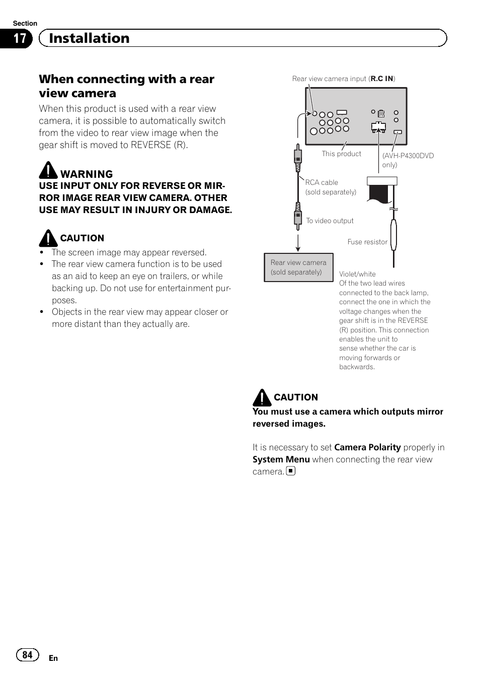 17 installation, When connecting with a rear view camera | Pioneer AVH P4300DVD User Manual | Page 84 / 108