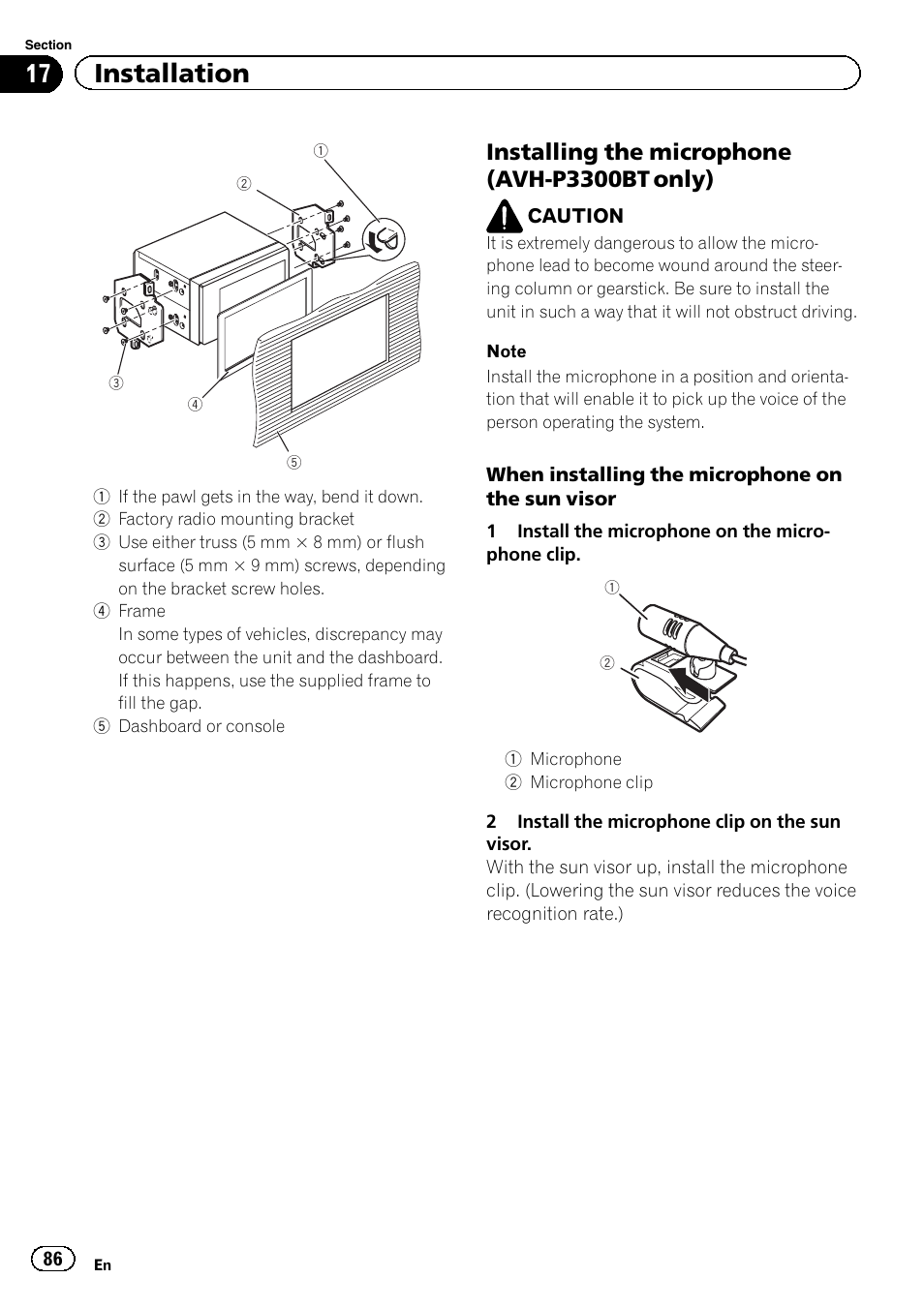 17 installation, Installing the microphone (avh-p3300bt only) | Pioneer AVH P4300DVD User Manual | Page 86 / 108