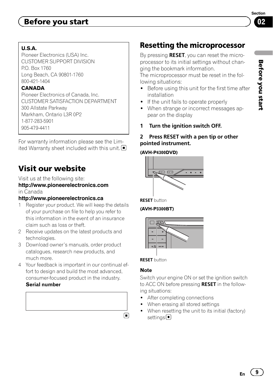 Visit our website, Resetting the microprocessor, Before you start | Pioneer AVH P4300DVD User Manual | Page 9 / 108