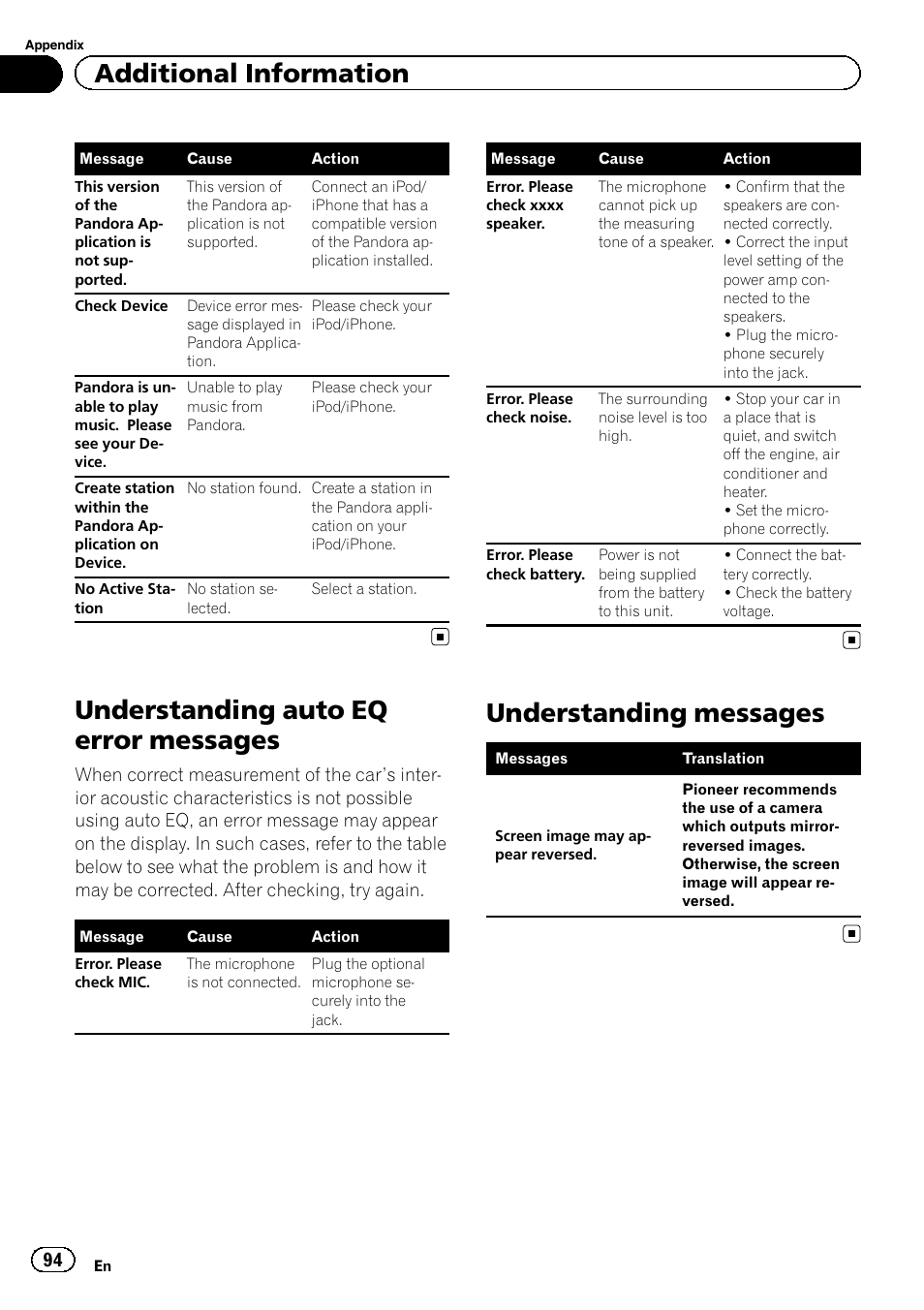 Understanding auto eq error messages, Understanding messages, Additional information | Pioneer AVH P4300DVD User Manual | Page 94 / 108