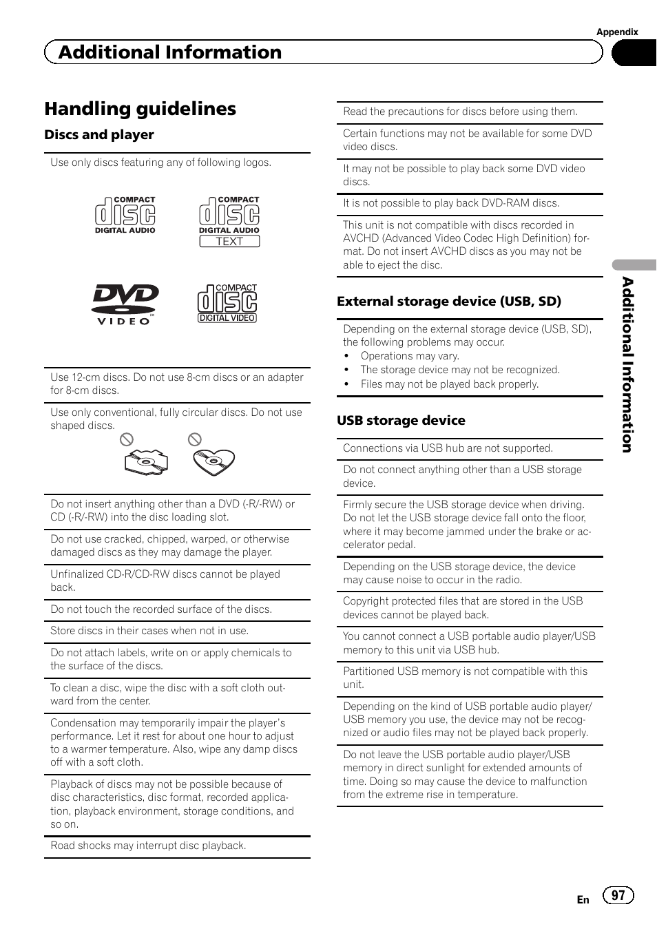 Handling guidelines 97, Handling guidelines, Additional information | Pioneer AVH P4300DVD User Manual | Page 97 / 108