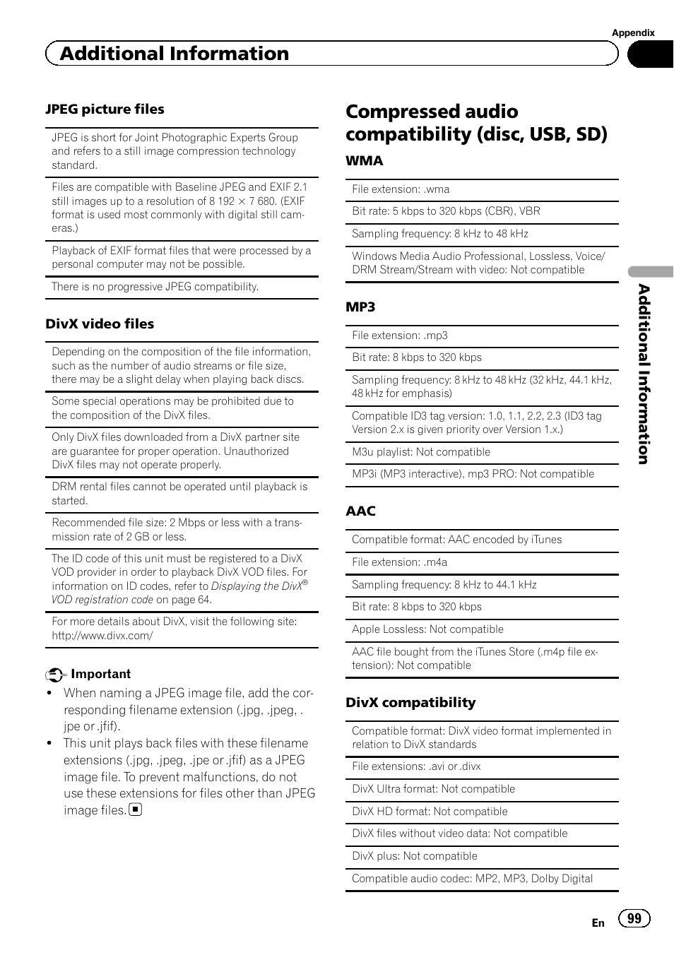 Compressed audio compatibility (disc, usb, Compressed audio compatibility (disc, usb, sd), Additional information | Pioneer AVH P4300DVD User Manual | Page 99 / 108