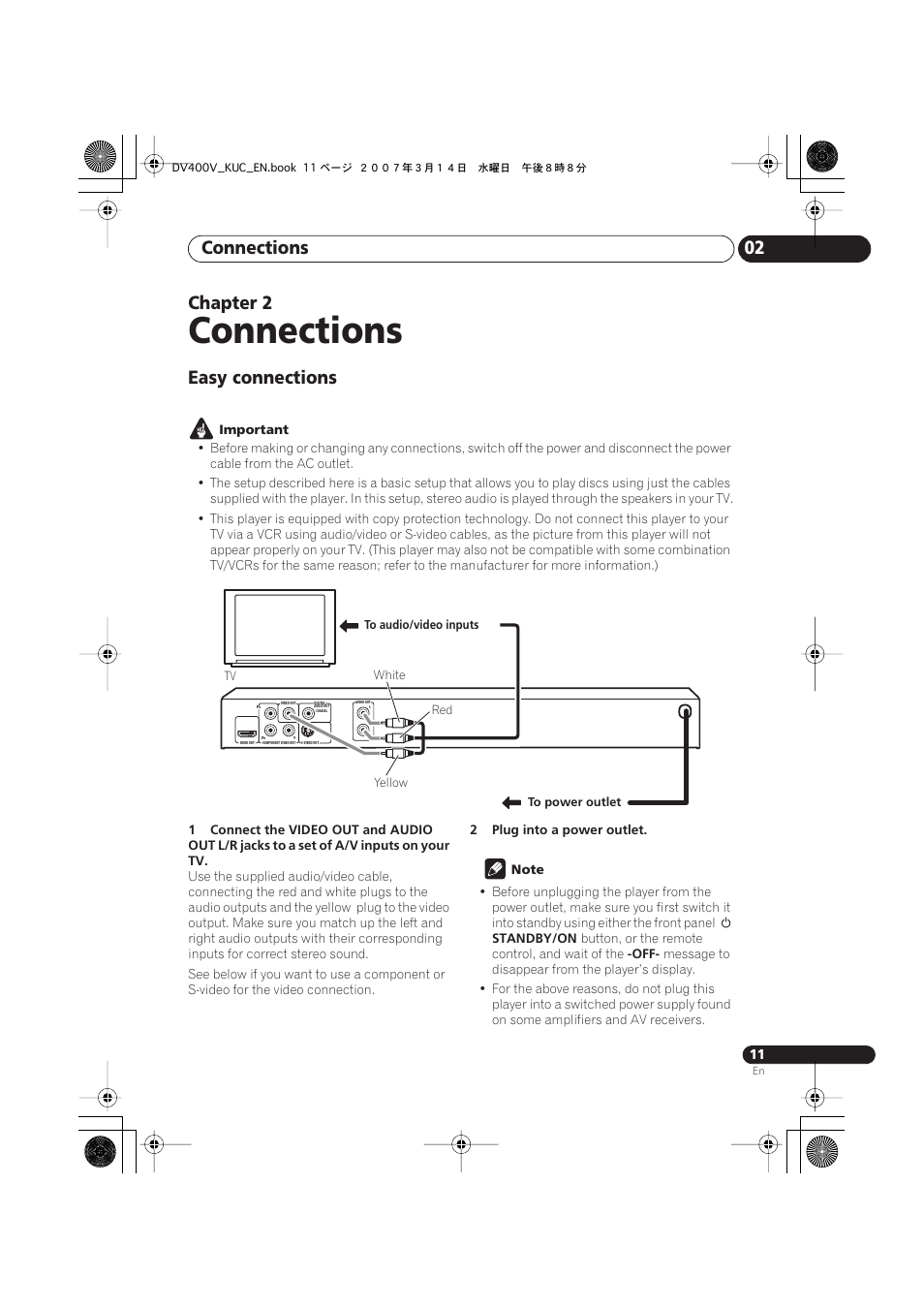 02 connections, Easy connections, Important | Connections, Connections 02, Chapter 2 | Pioneer DV-400V-S User Manual | Page 11 / 52